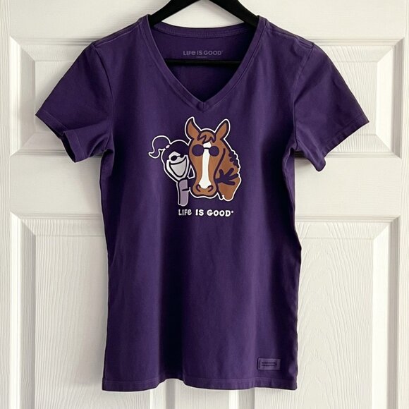 Life Is Good girl with horse purple crusher tee t-shirt v-neck size M - Picture 1 of 9